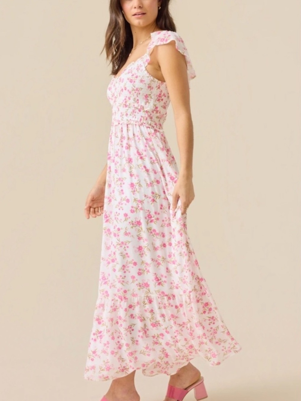 NWTAltar'd State White Maxi Dress with Pink Floral Ruffle Sleeves and Tiered Hem